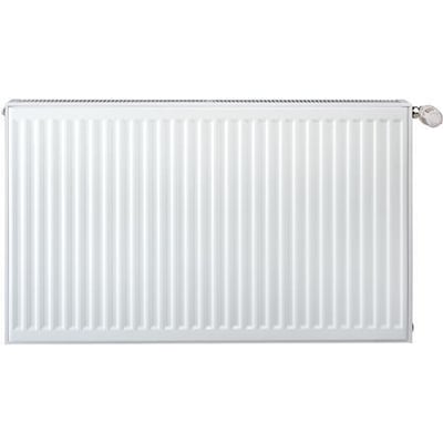 Hvid panelradiator med et blankt krom ventilationshoved på højre side, isoleret på hvid baggrund.