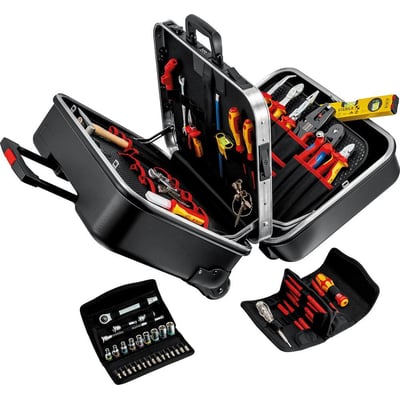 Værktøjskuffert Knipex BIG Twin Move elektro vist åben, med synlige VDE-godkendte værktøjer, samt separat tilbehørstaske og sokkelsæt.