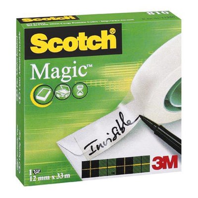 Scotch Magic Tape 810 kontortape i 19 mm x 33 m rulle med grøn æske, med tekst og symboler.