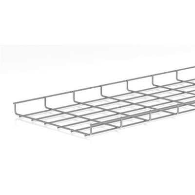 Gitterbakke i galvaniseret stål med målene 35 mm i højden og 300 mm i bredden, vist på hvid baggrund.