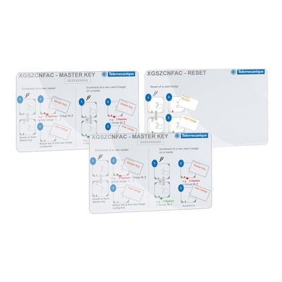 Schneider Electric konfigurationskit med to XGSCNFAC master tags og én XGSCNFAC reset tag, der viser opsætning af RFID læsere og brugeradgang.