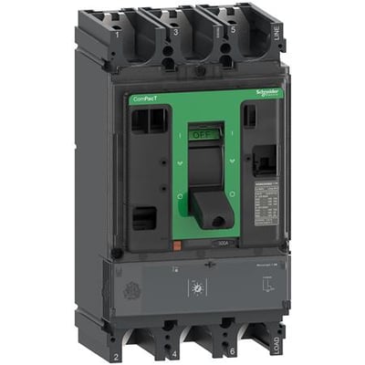 Schneider Electric ComPacT NSX400HB2 maksimalafbryder i grå og sort, med grønt håndtag og tydelig mærkning af 320A og MicroLogic 1.3M.
