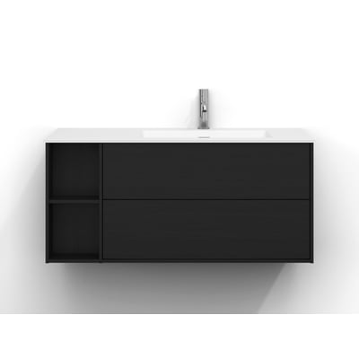 Svedbergs Epos underskab i sort ask, 100 x 45 cm, med to skuffer og åbne rum til venstre, vist under en hvid håndvask.