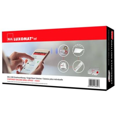 B.E.G. Luxomat.net DALI LINK Startersæt til enkeltrumsløsning, vist med illustrationer af smartphone, sensor og strømforsyning.