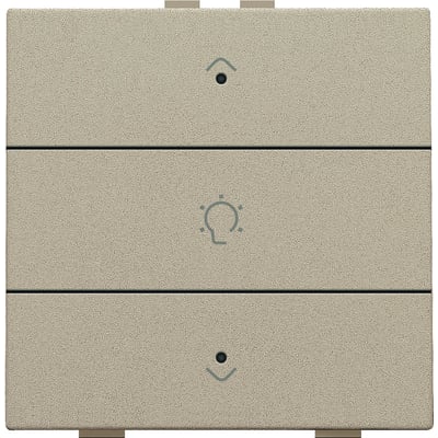 Niko dæmpertryk til enkelt lyskreds i champagnefarve med LED-indikator og op/ned pile samt lyspære-symbol.