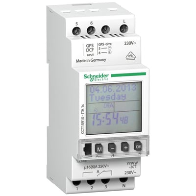 Schneider Electric digitalt kontaktur ITA med 1 kanal, vist forfra med tydeligt display og betjeningsknapper.