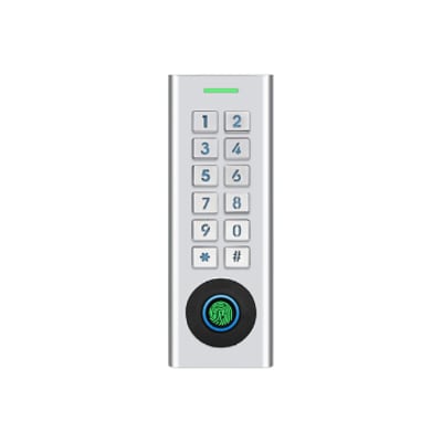 Zafe KEY kodetastatur i rustfrit stål med numeriske taster og rund fingeraftrykslæser set forfra.