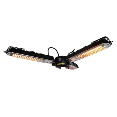 Hortus terrassevarmer med tre infrarøde varmelegemer, sort aluminium og metalnet, vist på hvid baggrund.