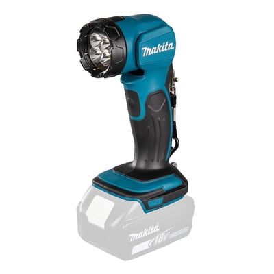 Makita akku lampe DML815 i turkis og sort, med fire LED-pærer og et 18V batteri-interface.