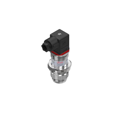 Detaljeret billede af Danfoss MBS 4510 tryktransmitter med fremskudt membran, G1 gevind og PG9 kabeltilslutning i sort hus.