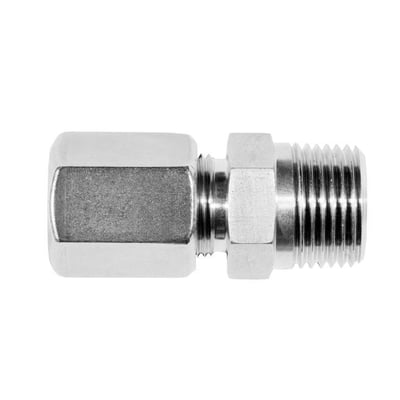 Syrefast union med 6 mm og 3/8'' NPT gevind i rustfrit stål, egnet til 200 bar og ekstreme temperaturer.