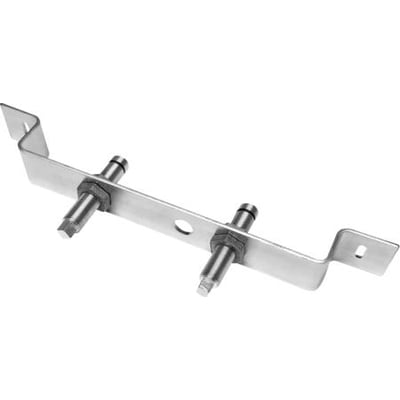 Universal monteringsbeslag i metal med to gevindstænger og møtrikker til fastgørelse af koblingsdåser.