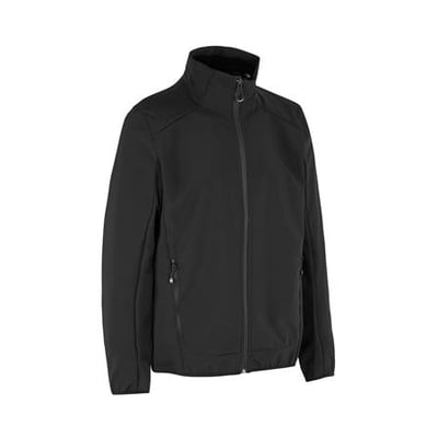 ID Identity sort softshell jakke i str. 6XL med høj hals og lynlås foran, perfekt til blæsevejr.