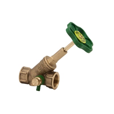 Nil 3/4" friløbs stopventil med aftapning, fremstillet i messing med grønt håndtag og tydelige markeringer.