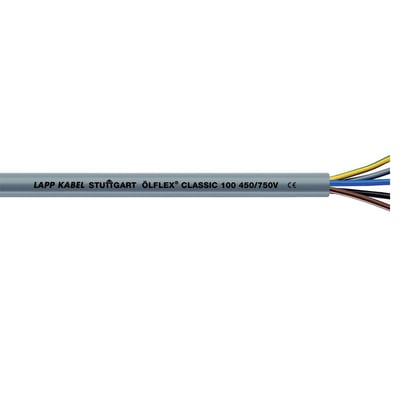 Grå Lapp Ölflext Classic 100 kabel med fire farvede ledere: brun, blå, sort og gul/grøn.