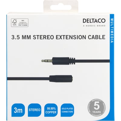 Emballagen til Deltaco sort 3 meter stereo-forlængerkabel med 3,5 mm stik viser han- og hunstikket.