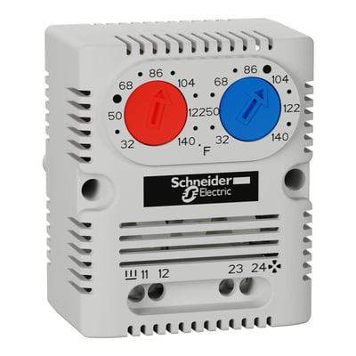 Schneider Electric ClimaSys CC dobbelt termostat NO NC med temperaturvisning i °F og justeringsruller i rød og blå.