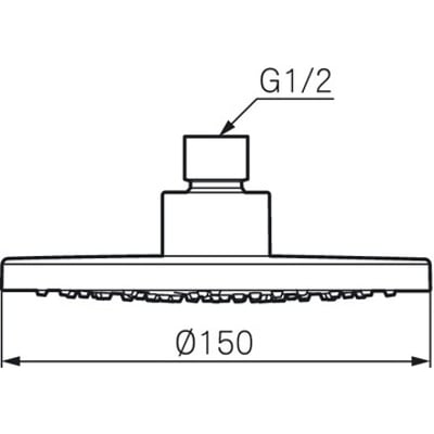Teknisk tegning af Mora Cera bruserhoved med dimensioner Ø150 mm og G1/2 tilslutning, krom finish.