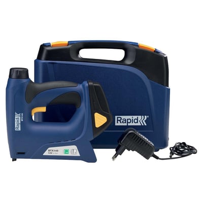 Rapid BTX140 akku hæftepistol med kuffert, oplader og manual, klar til brug på byggepladsen.