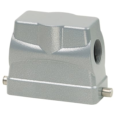 Procon stikhus B16 i pulverlakeret aluminium med side for M25 forskruning. Huset er 65 mm højt og har en grå, tekstureret overflade.