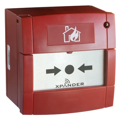 Schneider Electric XPA-MC trådløs alarmtryk i rød, vist med et hus- og flammesymbol og pile der indikerer trykpunkt.