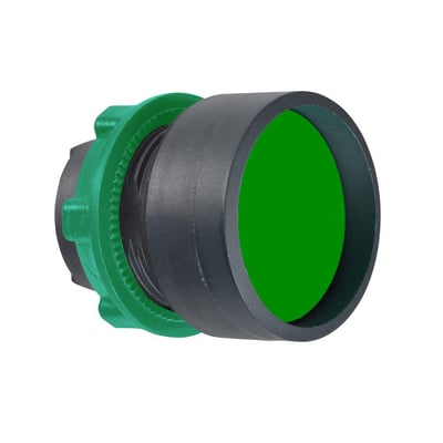 Schneider Electric Harmony Style 5 trykknaphoved med grøn, sænket trykflade og Ø22 mm diameter, lavet af kunststof.