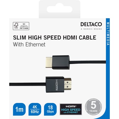 Deltaco HDMI-kabel i sort med HDMI-stik i begge ender, vist på emballagen med oplysninger om 1 meter og 4K.