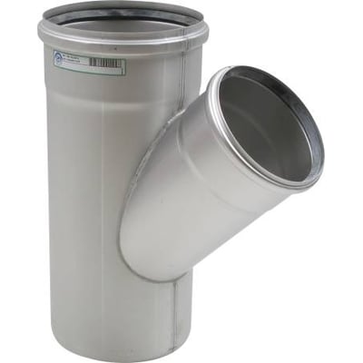 BLÜCHER EuroPipe strømgrenrør i syrefast stål med 45° gren, Ø200 mm hovedrør og Ø160 mm gren, set forfra.