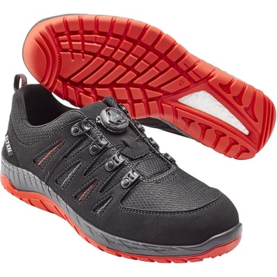 Elten Maddox 729151 S3 sikkerhedssko i sort med rød ydersål og BOA® Fit System, str. 38.