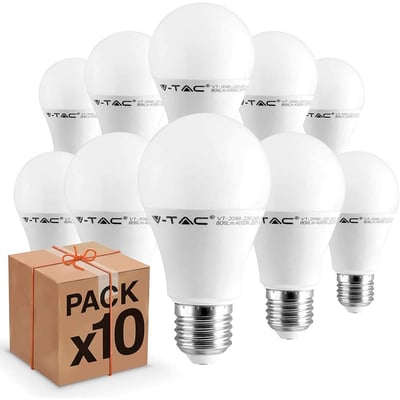 V-TAC LED-pære med hvid kuppel og E27-fatning, 9 W og neutralhvidt lys på 4000 K.