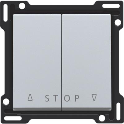 Niko tangent til jalousiafbryder i sterling med symboler for op, ned og stop monteret i sort ramme.