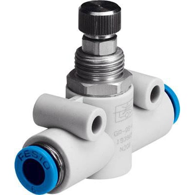 Festo drøvle-kontraventil GR-QS-4 med QS-4 pneumatisk tilslutning og justerbar flow via riflet skrue. Ventilen er hvid med blå detaljer.