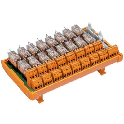Weidmüller LL2N interfacemodul med RCL-relæer, orange klemmer og gennemsigtige relæhuse set skråt ovenfra.