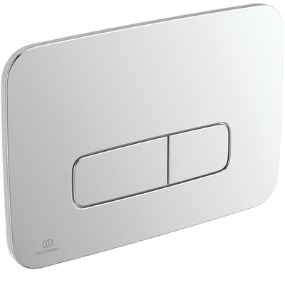 Set fra siden, Ideal Standard OLEAS betjeningsplade i forkromet finish med integreret Ideal Standard logo på den blanke overflade.