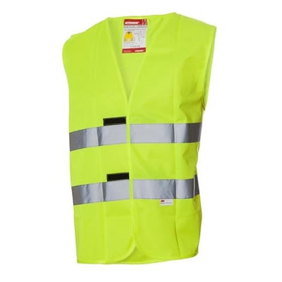 Gul trafikvest fra Activewear i klasse 2 med to sølvfarvede refleksbånd og velcrolukning, set forfra.
