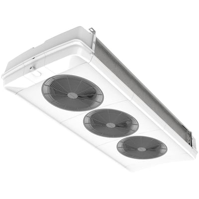 Fordamper NTA C 7L med EC4-motor og CO2 vises skråt nedefra med ventilatorer og kølelameller langs siden.