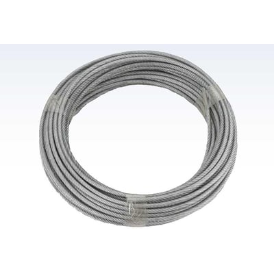 Roliba stålwire med PVC-belægning, 5,0-6,3 mm og 30 meter, ligger oprullet i en tæt, grå metalfarvet ring.