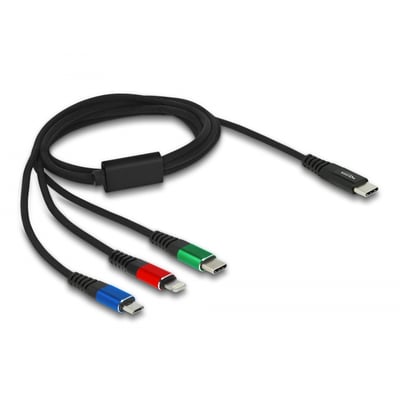 Delock 3-i-1 USB ladekabel i sort, 1 meter, med USB-C han og tre stik: Lightning, USB-C han og Micro USB-B han.