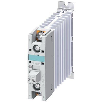 Siemens 3RF2 solid-state kontaktor til 20A belastninger, 48-460V AC og 24V DC med integreret køleplade og ringkabeltilslutning.