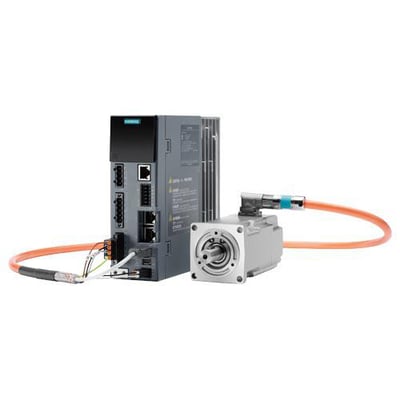 Siemens SINAMICS S200 PN omformer og SIMOTICS S-1FL2 servomotor med orange kabler forbundet, klar til præcis bevægelsesstyring.