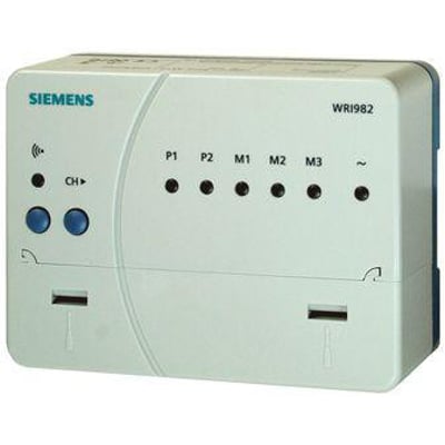 Siemens WRI982 datainterface til energiforbrugsopsamling, med knapper og indikatorlys på hvid plastikkasse.