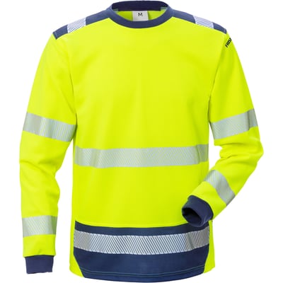 Kansas Fristads HiVis t-shirt i gul og marineblå, str. XS, med reflekser og ribstrik ved ærmer og halsudskæring.