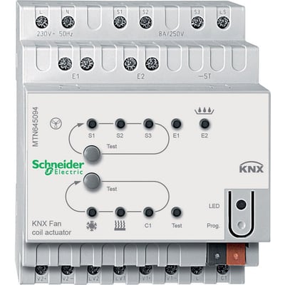 Schneider Electric KNX fancoil aktuator til DIN-skinne montering, med tydelige terminaler og betjeningsknapper.