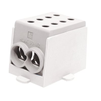 HLAK klemme 70-1/2 M2 i grå og hvid plast med logo og måltryk, designet til optimal forbindelse af kabler.