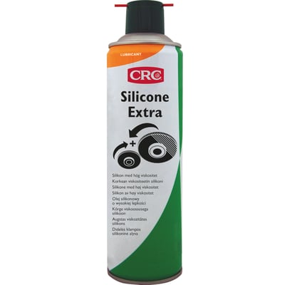 CRC Silicone Extra glidemiddel aerosol dåse på 500 ml med grøn og orange design og detaljeret tekst.