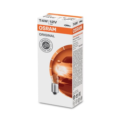 Emballagen til OSRAM Original T4W 3893 12 V signallampe med illustration af pæren og en bil.
