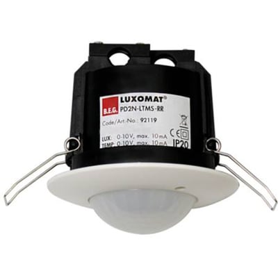 B.E.G. Tilstedeværelsessensor PD2N-LTMS-RR-i, en sort indbygningsenhed med hvid front og metalclips til montering.