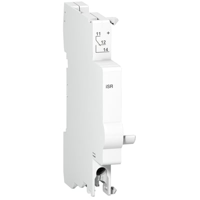 Schneider Electric overspændingsafleder iSR signalkontakt i hvid plast, med tydelige markeringer for tilslutning.