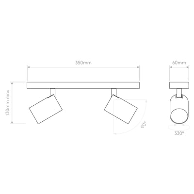 Teknisk tegning af Astro Ascoli Twin loft/væg lampe, der viser dimensioner som 350mm bredde, 130mm højde og 60mm dybde.