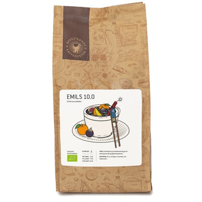 Emils 10.0 EKO espressobønner i en 1000g brun papirspose med illustration af frugt og kaffekop, økologisk certificeret.